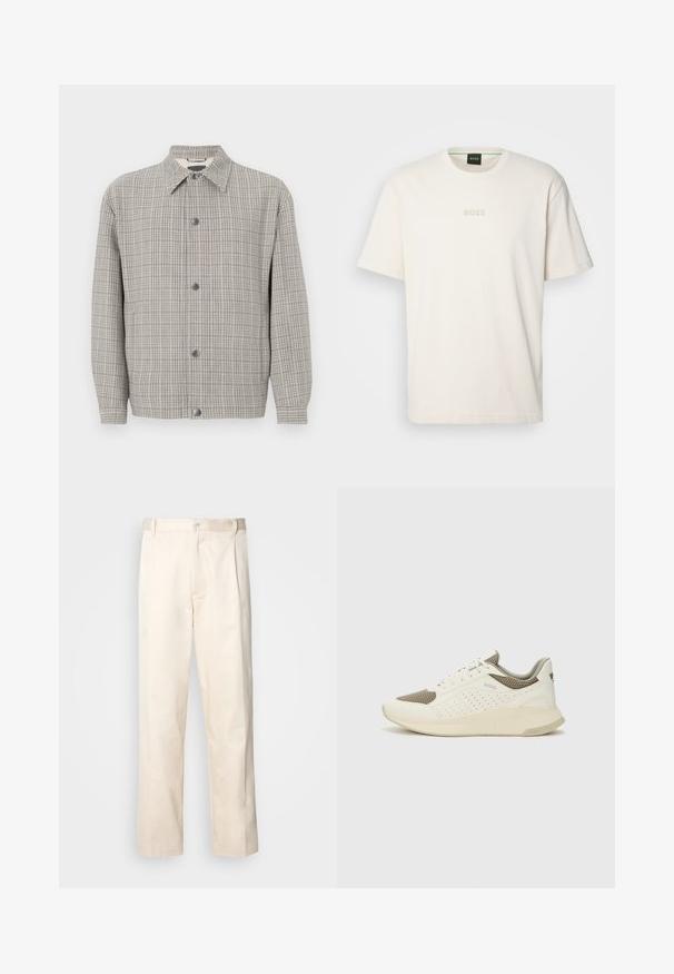Pilkas langeliais dėvėtas švarkas, pagamintas iš tekstūrinės medžiagos, turi apykaklę, priekyje užsegimą mygtukais ir ilgas rankoves.; BOSS TEE - Paprasti marškinėliai - open white; Bežinės medvilninės kelnės su tiesiu kirpimu, turinčios mygtuko uždarymą ir priekyje raukšles papildomai dekoratyviam akcentui.; Baltas ir šviesiai bežinis sportinis kedas, su tinklo viršumi, perforuotais detalėmis ir tekstūruotu tarpine su logotipu ant kulno.