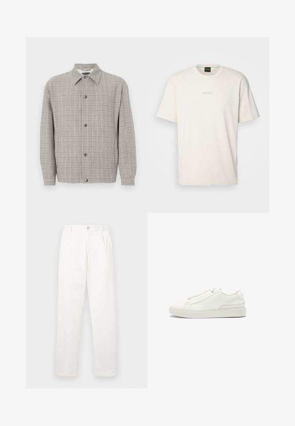 Gray checkered jacket made of textured fabric, featuring a collar, front button closure, and long sleeves.; BOSS TEE - Basic T-shirt - open white; White trousers made from smooth fabric, featuring a straight leg design, front pleats, and a single button closure at the waist.; White leather sneaker featuring a textured upper, a round toe, minimalistic design, and a rubber sole with stitched detailing.