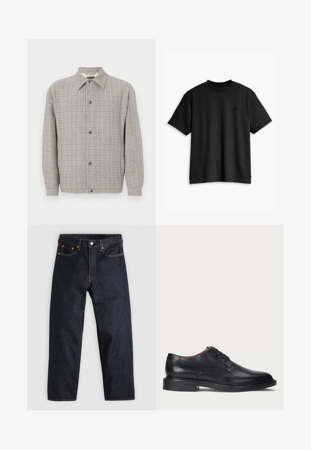 Harmaan ruutukuosiset takki, joka on valmistettu teksturoidusta kankaasta. Takissa on kaulus, etupainonappikiinnitys ja pitkät hihat.; Musta puuvillapaita, jossa on pyöreä kaula-aukko ja lyhyet hihat. Edessä on huomaamaton logo ja suora helma. Yksinkertainen ja minimalistinen muotoilu.; Tummansinisiä farkkuja, joissa on suora leikkaus, viisi taskua, kontrastiväriset oranssit tikkaukset ja napitus. Ei näkyviä kuvioita tai koristeita.; Musta nahkakenkä, jossa on pyöreä varvas, nauhakiinnitys ja matala tukipohja. Tasainen pinta, jossa on minimaalinen ommeltu yksityiskohta.