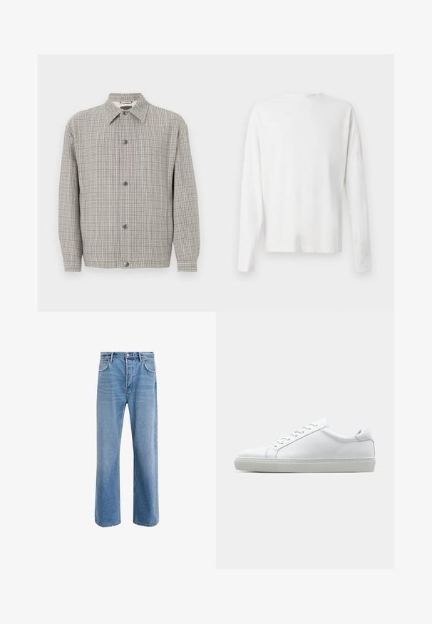 Gray checkered jacket made of textured fabric, featuring a collar, front button closure, and long sleeves.; Long-sleeved white cotton shirt with a round neckline, side slits at the bottom, and a smooth texture, displayed from the back.; Light blue denim jeans with a straight-leg design, five pockets, button closure, minimal fading, and contrasting stitching details.; White sneaker with a smooth leather upper and a low profile. Features a rounded toe, six eyelets, and a textured rubber sole.