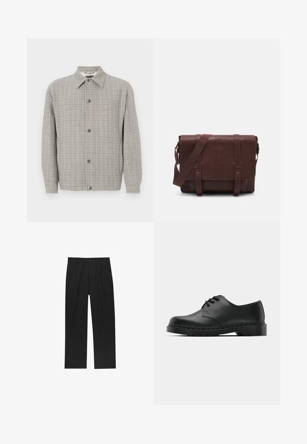 Grau kariertes Jackett aus strukturiertem Stoff, mit Kragen, vorderem Knopfverschluss und langen Ärmeln.; Zwillingspack mit weißen T-Shirts mit kurzen Ärmeln, rundem Halsausschnitt und einer glatten baumwollartigen Textur. Einfaches Design ohne sichtbare Muster.; Schwarze Hose mit geradem Schnitt, aus einem glatten Stoff gefertigt. Verfügt über Vorderfalten und einen einzelnen Knopfverschluss an der Taille.; Schwarze Leder-Oxford-Schuhe mit Schnürdesign, runder Zehenform, flacher Gummisohle und subtilen Nähten entlang des oberen Teils.; Braune Leder-Umhängetasche mit einer flachen Vorderklappe, zwei Riemen, goldenen Hardware-Akzenten und einem verstellbaren Schultergurt.