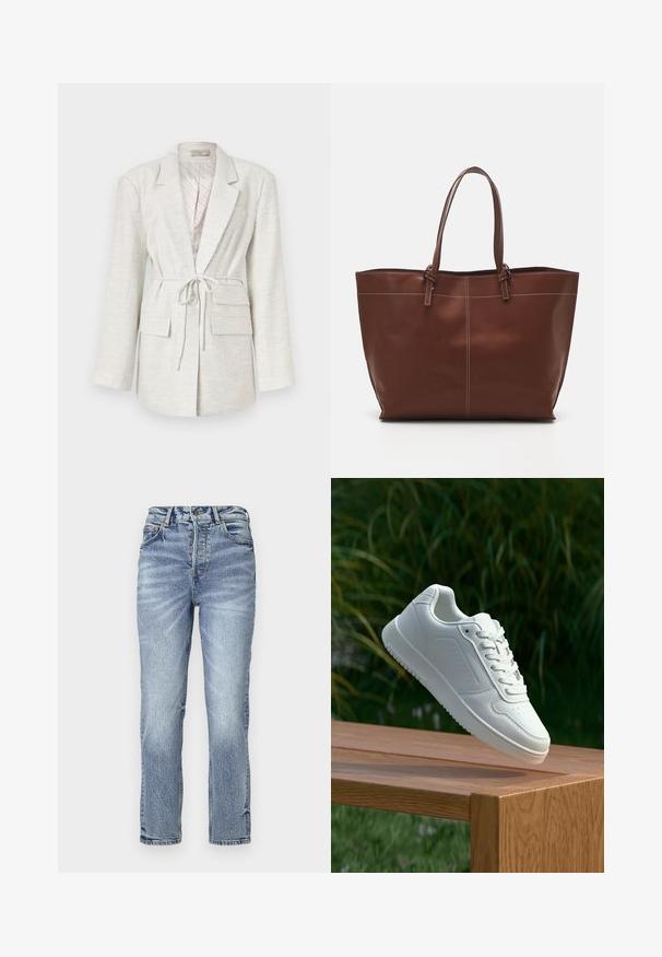 Hellgrauer Blazer aus strukturiertem Stoff, mit langen Ärmeln, einem Bindegürtel in der Taille, zwei frontalen Taschen und einem Knopfverschluss.; Zwei Baumwoll-Crop-Tops in Weiß und Schwarz. Jedes hat einen tiefen Ausschnitt und dünne Träger und verfügt über eine glatte, weiche Textur.; Hellblaue Jeans aus Denim mit geradem Schnitt, hohem Bund, verblasster Textur und fünf Taschen. Verfügt über einen Metallknopf und einen Reißverschluss.; Weiße Sneaker mit einem glatten, synthetischen Obermaterial, perforierter Zehenbox, flachen Schnürsenkeln und einer strukturierten Sohle, präsentiert auf einer Holzoberfläche.; Braune Leder-Umhängetasche mit doppelten Griffen, verfügt über eine kontrastierende Naht und ein geräumiges Design, das sich für den täglichen Gebrauch eignet.