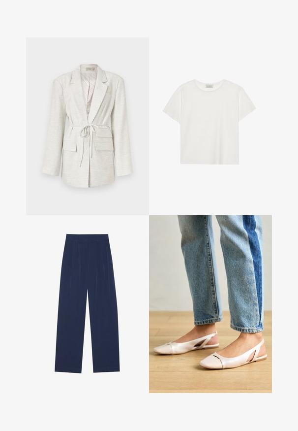 Blazer grigio chiaro realizzato in tessuto testurizzato, con maniche lunghe, cintura da annodare in vita, due tasche frontali e chiusura con bottoni.; T-shirt bianco a maniche corte realizzato in morbido cotone. Presenta un collo rotondo e una vestibilità comoda. Design pulito senza modelli o dettagli visibili.; Pantaloni a gamba larga blu navy realizzati in tessuto morbido, dotati di pieghe frontali, una texture liscia e una vestibilità dritta senza tasche visibili.; Ballerine slingback rosa pallido con punta affusolata, realizzate in un materiale simile alla pelle liscio. Presentano dettagli a taglio sui lati e un tacco piatto.