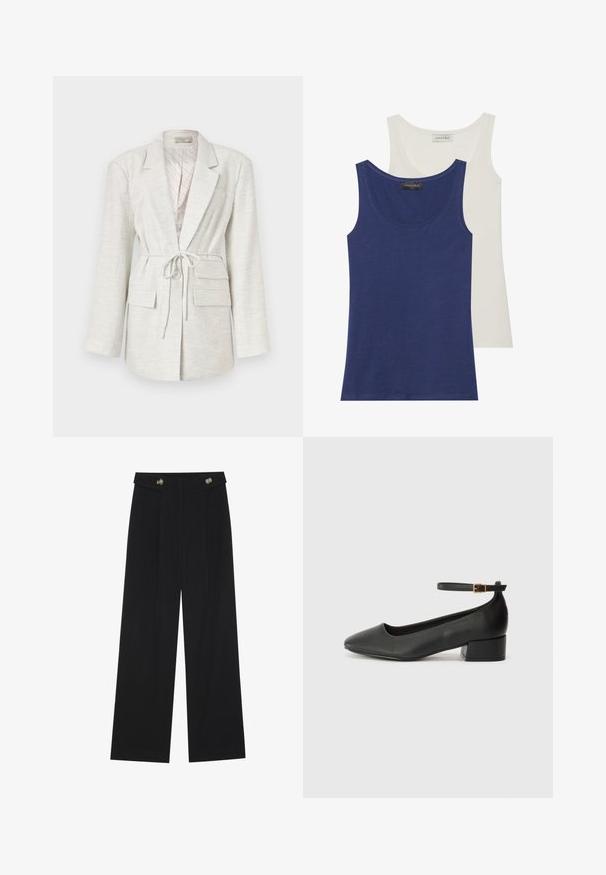 Svetlo šedý blejzer vyrobený z textúrovanej látky, má dlhé rukávy, pásik na viazanie, dve predné vrecká a zapínanie na gombík.; Dve tielka: jedno námornícke modré a jedno krémové. Obidve majú zaoblený výstrih, jemnú štruktúru a jednoduchý dizajn. Na vrchu je viditeľná značka.; Čierne široké nohavice s vysokým pásom, so zapínaním na gombíky na páse a prednými sklady.; Čierne kožené lodičky s špicatou špičkou a nízkym blokovým podpätkom. Obsahuje remienok okolo členka so zlatým prackou. Hladký povrch.