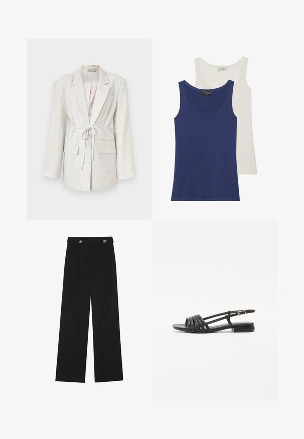 Svetlo šedý blejzer vyrobený z textúrovanej látky, má dlhé rukávy, pásik na viazanie, dve predné vrecká a zapínanie na gombík.; Dve tielka: jedno námornícke modré a jedno krémové. Obidve majú zaoblený výstrih, jemnú štruktúru a jednoduchý dizajn. Na vrchu je viditeľná značka.; Čierne široké nohavice s vysokým pásom, so zapínaním na gombíky na páse a prednými sklady.; Čierne ploché sandále so šnurovacím dizajnom, obsahujúce viaceré kožené pásiky a tenký remienok na členku. Podrážka je plochá a obdĺžniková.