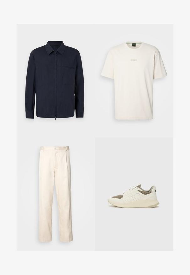 Mornaricno plava jakna od lagane tkanine, s prednjim zatvaračem, ovratnikom i džepom na prsima. Dugački rukavi s dugmadima na manžetama.; BOSS TEE - Osnovna majica kratkih rukava - open white; Bežaste pamučne hlače ravnog kroja s kopčanjem na dugme i plisiranjima sprijeda za dodatni detalj.; Bijele i svijetlosmeđe sportske tenisice, sa mrežastim gornjim dijelom, perforiranim detaljima i teksturiranim međutrakom sa brendom na peti.