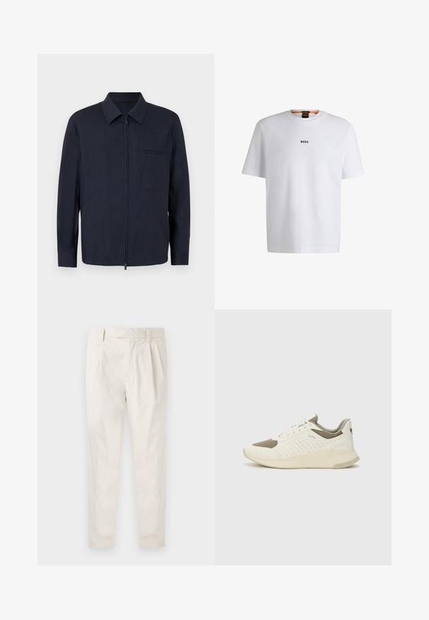 Tumedat sinine jakk, mis on valmistatud kergest kangast, esiosa lukuga, krae ja rinna_taskuga. Pikad varrukad nööbiltse. ; Valge puuvillane T-särk lühikeste varrukatega, millel on must "BOSS" logo, mis on keskendatud rinnale, ja ümmargune kaelaava disain.; Valged volditud püksid, mis on kohandatud sobivusega, sujuva tekstuuriga, vööloopidega ja kitsenevate jalgadega. Pole nähtavaid taskuid ega mustreid.; Valge ja heledat beeži värvi spordijalats, millel on õhuke võrkmaterjal, perforatsioonidega detailid ning tekstuuriga vahetald, millel on brändi logo kannaosas.