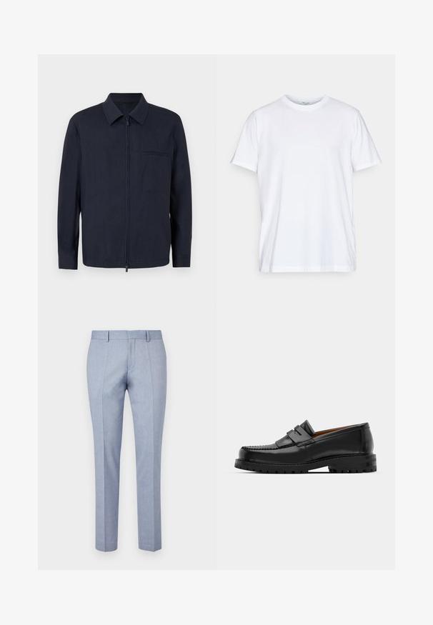 Navy blue jacket made of lightweight fabric, featuring a front zipper, collar, and a chest pocket. Long sleeves with buttoned cuffs.; White cotton t-shirt with short sleeves, round crew neckline, and a relaxed fit. Features minimalistic design, no patterns or accents.; Light blue tailored trousers with a smooth fabric texture, featuring a flat front, two front pockets, and a slim fit design.; Black leather loafers feature a raised seam, two decorative straps on the upper, and a thick textured sole for added grip.