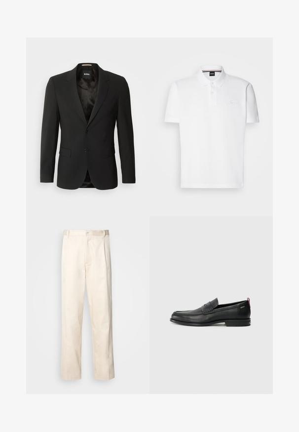 Czarna, dopasowana marynarka o jednorzędowym kroju, z dwoma guzikami, klapami oraz dwiema przednimi kieszeniami. Gładka podszewka i minimalne detale.; Biała koszulka polo wykonana z mieszanki bawełny i poliestru, z kołnierzykiem, zapięciem na dwa guziki oraz subtelnym haftowanym logo na piersi.; Beżowe bawełniane spodnie o prostym kroju nogawki, z zapięciem na guziki i plisami z przodu dla dodatkowego zdobienia.; Czarne skórzane mokasyny z teksturowanym frontem i gładkimi bokami. Posiadają smukłą podeszwę i tylną pętelkę dla łatwego zakładania. Klasyczny design.