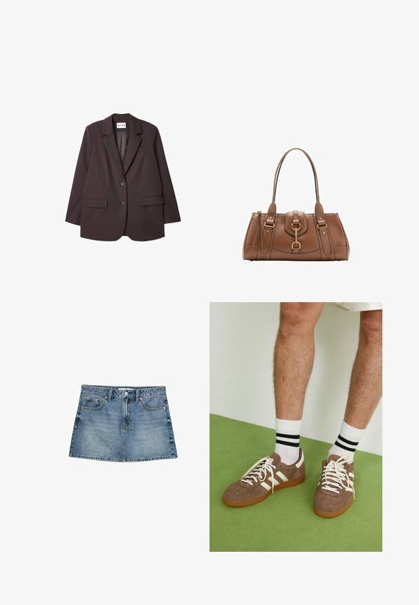 NA-KD Blazer - brown; Stradivarius GATHERED HALTER - Top - white; Gonna in denim blu chiaro, presenta cinque tasche, chiusura con bottone e orlo leggermente svasato, con una texture usurata e dettagli sbiaditi.; Sneaker in suede marrone con dettagli e lacci bianchi. Suola in gomma color gomma. Indossati con calzini bianchi con righe nere. Pavimento verde texturizzato.; Borsa a mano in pelle marrone con doppi manici, accenti in metallo dorato e design strutturato. Presenta una patta centrale con un dettaglio ad anello.