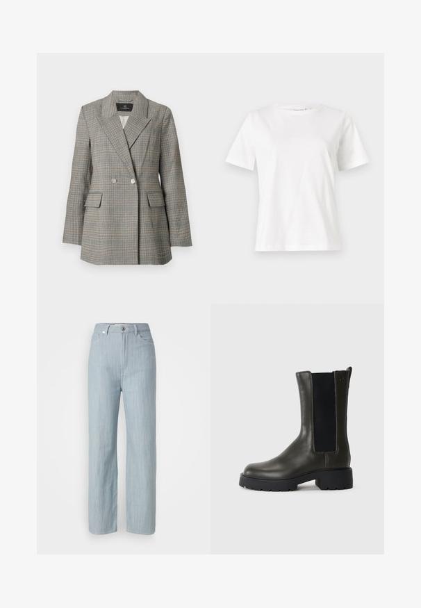 Grau kariertes Blazer mit doppelter Knopfleiste, großen Revers, zwei vorderen Taschen und silbernen Knöpfen. Texturiertes Material mit strukturierter Passform.; Weißes Baumwoll-T-Shirt mit kurzen Ärmeln, Rundhalsausschnitt und lockerer Passform. Glatte Textur, keine Muster oder Akzente, minimalistisches Design.; Helle blaue gerade geschnittene Jeans aus Denim. Verfügt über fünf Taschen, einen Metallknopfverschluss und dezente Waschungen für zusätzliche Textur.; Grüne Leder-Stiefelette mit elastischen seitlichen Einsätzen, runder Zehenpartie und Gummisohle. Hat eine strukturierte Oberfläche und einen Blockabsatz.