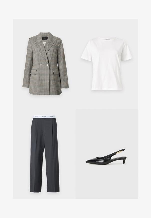 Grey plaid blazer with a double-breasted front, large lapels, two front pockets, and silver buttons. Textured fabric with a structured fit.; White cotton t-shirt with short sleeves, round neckline, and a relaxed fit. Smooth texture, no patterns or accents, minimalistic design.; Gray wide-leg trousers made of smooth fabric, featuring front pleats and a white waistband with Calvin Klein logo.; Black leather slingback heels with a pointed toe, featuring a slim heel and a gold-tone accent on the adjustable strap. Smooth texture.
