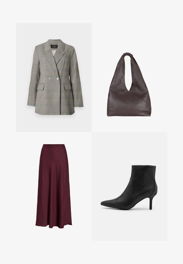 Sivi karirani blejzer s dvostrukim kopčanjem, velikim reverima, dvije prednje džepove i srebrnim gumbima. Tekstura tkanine s definiranim krojem.; Bijela kratka majica s kratkim rukavima od pamuka, s okruglim izrezom i ležernim krojem. Glatka tekstura bez vidljivih uzoraka ili ukrasa.; Bordo saten maxi suknja s glatkom teksturom, visokim strukom i lepršavim siluetom koja se blago širi prema rubu.; Anna Field Gležnjače - black; Smeđa kožna torba s opuštenim, prevelikim dizajnom. Ima ručku s petljom i dubokim V-izrezom za lakši pristup. Mekana tekstura, minimalistički stil.