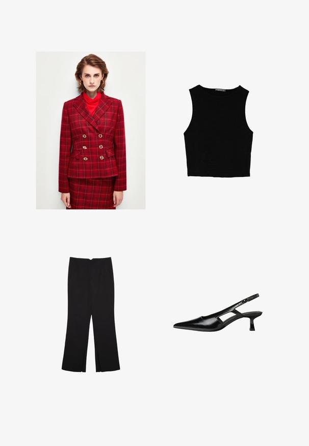 Červený kostkovaný dvouřadý blazer se zlatými knoflíkovými akcenty, klopami a kapsami; nošený přes červený rolák.; Černý bezsleeve crop top vyrobený z hladké tkaniny, s kulatým výstřihem a čistým, jednoduchým designem bez vzorů nebo kovových doplňků.; Černé kalhoty s rovným střihem, s předními kapsami a bočními rozparky na lemu. Vyrobené z jemné, hladké tkaniny. Vhodné na různé příležitosti.; Černé lakované lodičky na podpatku se špičatou špičkou, výřezovým designem na boku a malým čtvercovým podpatkem. Hladká textura s minimálními akcenty.