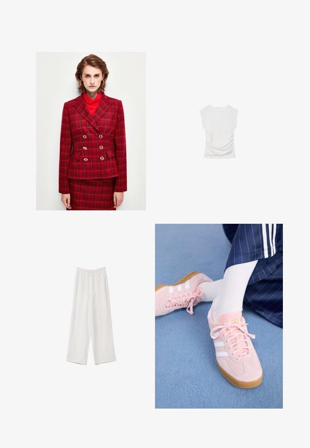 Punainen ruudullinen kaksirivinen bleiseri, jossa on kultaiset nappikoristeet, viilto-olkasaumat ja taskut; päälle puettuna punainen poolopaita.; Valkoinen lyhythihainen paita pyöreällä kaula-aukolla. Sivuilla koristeltu rypytetyllä tekstuurilla ja muotoiltu istuvaksi, valmistettu pehmeästä ja joustavasta materiaalista.; Valkoiset leveälahkeiset housut kevyestä kankaasta. Ominaisuuksiin kuuluu elastinen vyötärö, jossa on nauhakuuluma ja sivutaskut. Sileä rakenne.; Vaaleanpunaiset mokkanahkakengät, joissa on valkoiset raidat ja nauhat, varustettuna tekstuurilla olevalla kielillä ja kumipohjalla, asetettuna siniselle matolle.