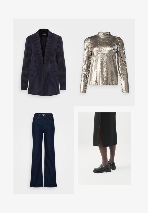 Marineblå pinstripet blazer med enkelt spisskrage, lange ermer, klaffelommer og en skreddersydd passform.; Langermet topp med høy hals dekket i sølv paljetter. Har en glatt tekstur med en tettsittende silhuett og puffede skulderdesigndetaljer.; ONLY Tall ONLJUICY WIDE RINSE - Wide leg - dark blue denim; Sorte lærersko med rund tå, tykk blokkheel og elastiske sideaksenter, sammen med mørke strømpebukser og et svart skjørt med splitt.