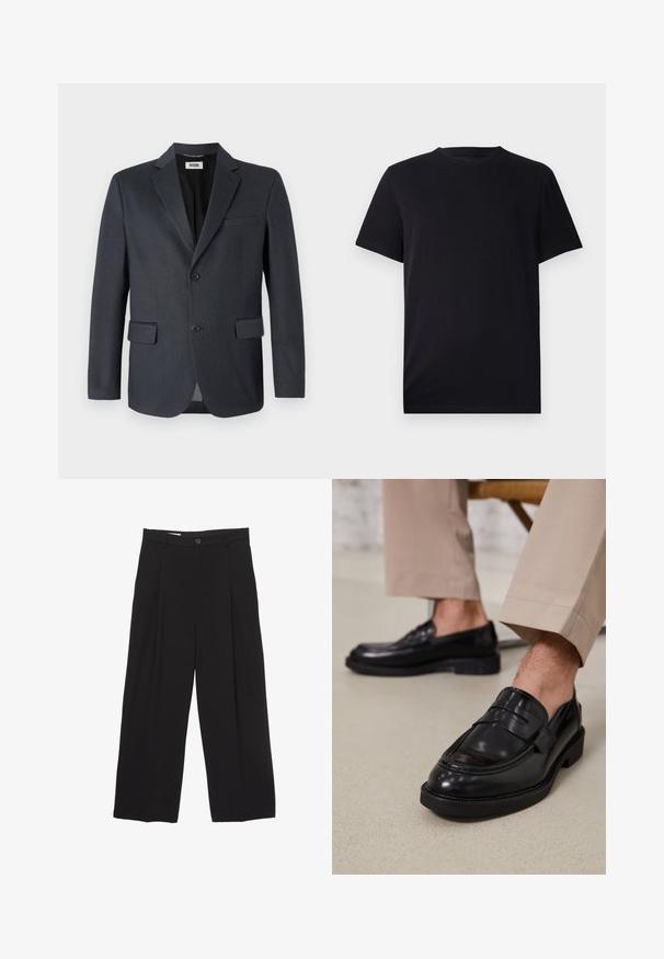 Temno siva blejzer iz teksturirane tkanine z izrezanimi reverji, dvema sprednjima žepoma in dvema gumboma za zapiranje. Podložena notranjost.; Črna kratka majica s kratkimi rokavi, izdelana iz gladkega bombaža, z okroglim izrezom in klasičnim krojem, brez vzorcev ali vidnih kovinskih delov.; Črne široke hlače iz gladkega blaga, z ravnim pasom, sprednjimi povešalnimi pregibi in enim gumbom za zapiranje.; Črne usnjene loafer čevlje z gladko površino, ki imajo okrasno zaponko in kontrastno šivanje, v kombinaciji s bež hlačami.