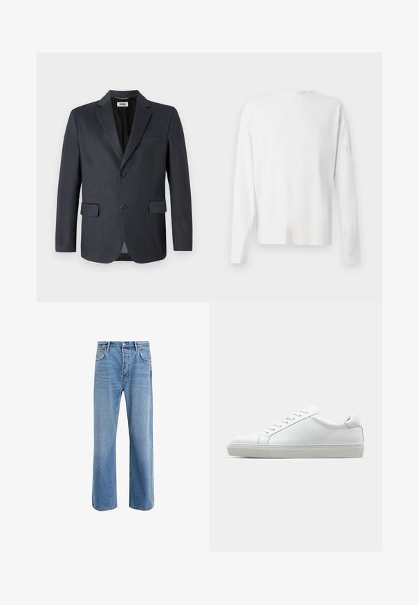 Dark gray blazer made of textured fabric with a notched lapel, two front pockets, and two button closure. Lined interior.; Long-sleeved white cotton shirt with a round neckline, side slits at the bottom, and a smooth texture, displayed from the back.; Light blue denim jeans with a straight-leg design, five pockets, button closure, minimal fading, and contrasting stitching details.; White sneaker with a smooth leather upper and a low profile. Features a rounded toe, six eyelets, and a textured rubber sole.
