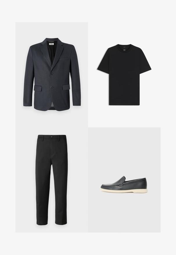Mörkgrå kavaj i strukturerad tyg med slagkrage, två framfickor och knäppning med två knappar. Fodrad insida.; Svart kortärmad T-shirt i en mjuk bomullsblandning, med rundad halsringning och en minimalistisk design utan mönster eller detaljer.; Svarta byxor med rak skärning, tillverkade av ett mjukt tyg. Har knappstängning och bälteslöljer. Inga synliga mönster eller detaljer.; Svarta läder slip-on loafers med en texturerad yta och en kontrasterande beige gummisula. Har en subtil accent längs fram.