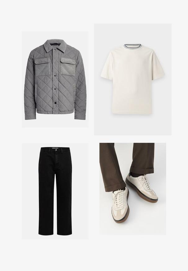 Quiltet grå jakke lavet af tekstureret stof, med to brystlommer, trykknapper og spidse krave. Holdbart og isoleret design.; Cremefarvet bomulds t-shirt med korte ærmer, der har en rund halsåbning accentueret med marineblå og hvide striber. Glat tekstur, afslappet pasform.; Sorte denimbukser med lige pasform, klassisk fem-lomme design og knaplukning i taljen. Glat tekstur og holdbart stof.; Beige sneakers med en struktureret ruskind front, glatte lædersider og en brun gummisål. Snørebånd og let stikning er inkluderet.