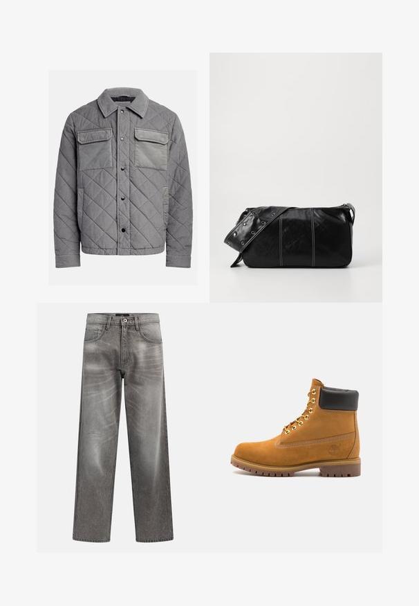 Veste grise matelassée en tissu texturé, dotée de deux poches poitrine, de boutons-pression et d'un col à point. Design durable et isolé.; T-shirt en coton crème à manches courtes et col rond. Présente un imprimé graphique en bleu et rouge avec du texte et un motif.; Jean large en denim gris avec une finition délavée, design classique à cinq poches et fermeture par bouton métallique. Tissu texturé avec des détails d'usure subtils.; Bottine en daim beige avec un col rembourré noir, œillets en métal doré, détails de surpiqûres blanches et semelle en caoutchouc robuste avec des crampons prononcés.; Sac à épaule en cuir noir avec une fermeture éclair, doté d'un corps texturé, de coutures blanches et d'une sangle avec des œillets en argent.