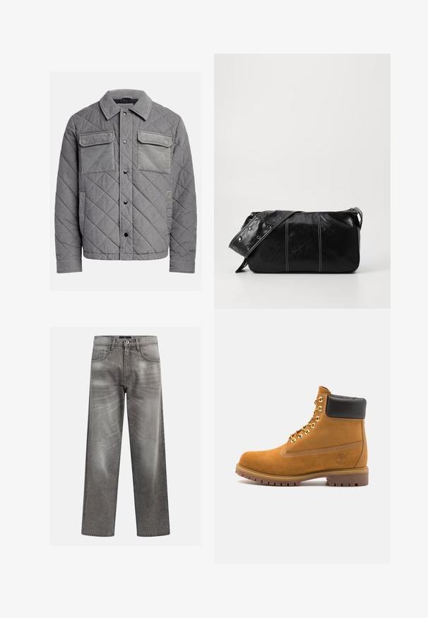 Varrásos, szürke kabát, textúrált anyagból készült, két mellzsebre, patentgombokra és hegyes gallérra van jellemző. Tartós és szigetelt kialakítás.; Krém színű, pamut póló rövid ujjakkal és kerek nyakú kivágással. Kék és piros grafikával, szöveggel és motívummal díszített.; Szürke farmernadrág, laza fazonnal, kopott és kifakulás részletekkel, klasszikus öt zsebes kialakítással és gombos záródással.; Barna velúr bokacipő fekete párnázott gallérral, arany fém fűzőlyukakkal, fehér varrási részletekkel és durva gumitalppal, amelynek kifejezett barázdái vannak.; Fekete bőr válltáska, cipzárral zárva, texturált felülettel, fehér varrással és ezüst fémgyűrűs pánttal.