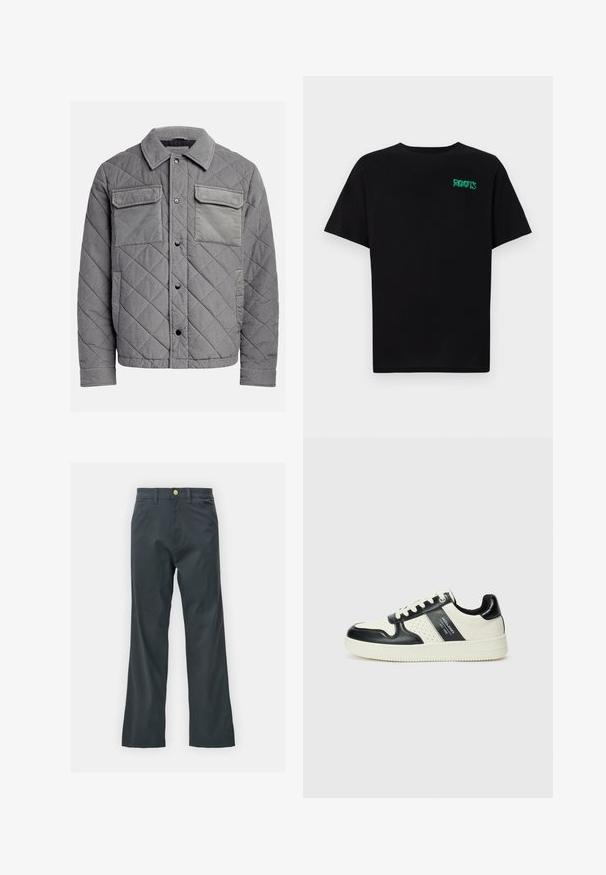 Casaco cinza acolchoado feito de tecido texturizado, com dois bolsos no peito, botões de pressão e colarinho de ponta. Design durável e isolante.; T-shirt preta feita de algodão com mangas curtas. Apresenta um logótipo verde "ROOTS" na frente, gola redonda e corte standard.; Calças pretas com corte reto, feitas de um tecido em mistura de algodão. Apresenta um fecho com botão metálico e bolsos laterais. Sem padrões visíveis.; Ténis de couro com um esquema de cores em preto e creme, apresentando detalhes perfurados, um colarinho acolchoado e uma sola texturizada.