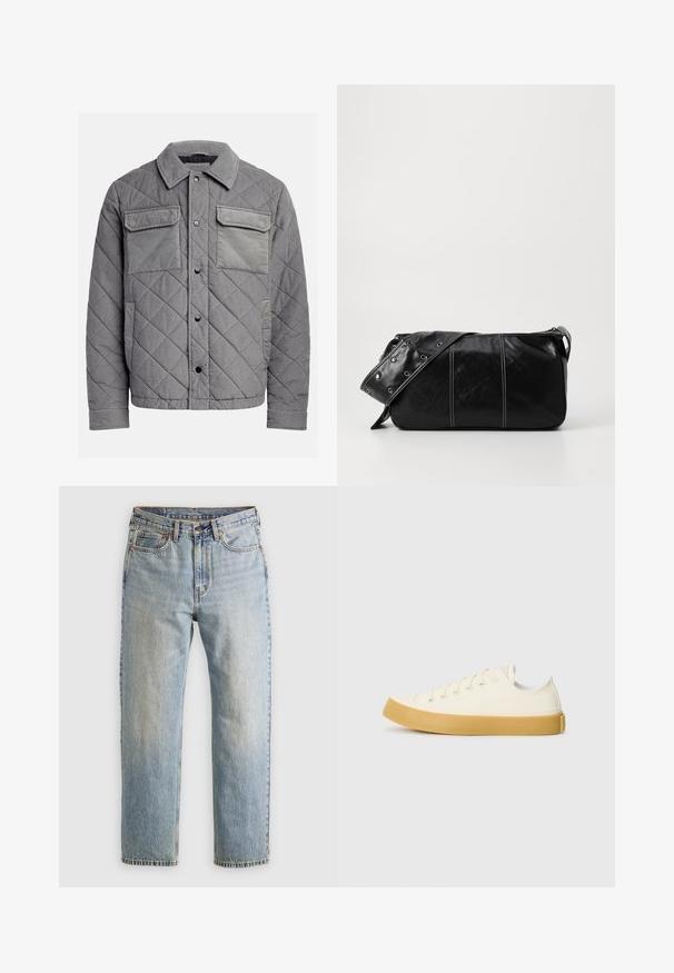 Giacca grigia trapuntata realizzata in tessuto testurizzato, dotata di due tasche sul petto, bottoni a scatto e colletto a punta. Design durevole e isolato.; Maglietta a maniche corte grigia chiara, girocollo, mostrata su uno sfondo bianco, vista frontale senza loghi o design visibili.; Jeans in denim azzurro chiaro con vita alta, bottone anteriore, cerniera e design a cinque tasche, adagiati su uno sfondo neutro.; Sneakers in tela di colore avorio con punta rotonda, dotati di suole in gomma beige e cinque occhielli per i lacci, finitura texturizzata sulla parte superiore.; Borsa a spalla in pelle nera con chiusura a zip, caratterizzata da un corpo testurizzato, cuciture bianche e una tracolla con occhielli in argento.