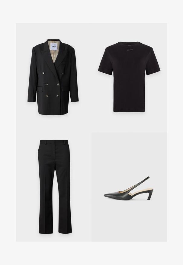 Czarna marynarka dwurzędowa z dwoma przednimi kieszeniami, metalowymi guzikami, klapami z wycięciem oraz kontrastowym beżowym podszewką.; Czarny t-shirt bawełniany z krótkimi rękawami, okrągłym dekoltem i małym białym logo "Calvin Klein" na piersi. Gładka struktura, klasyczny krój.; Czarne dopasowane spodnie o prostym kroju. Wykonane z gładkiego materiału, z płaskim przodem i standardowym paskiem z szlufkami.; Czarny but na obcasie typu slingback z ostro zakończonym noskiem, z niskim obcasem, wykonany z gładkiej skóry, z wycięciem po boku dla lepszej wentylacji.