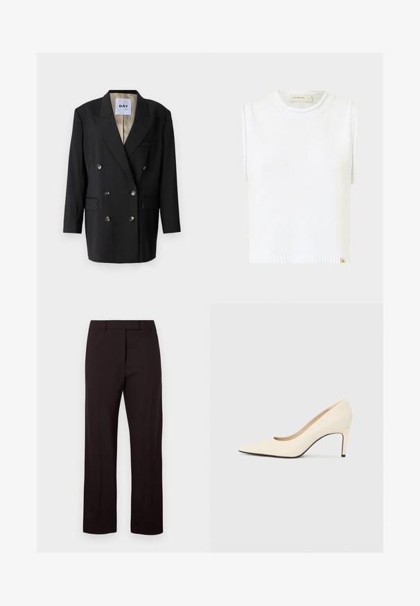 Black double-breasted blazer with a notched lapel, long sleeves, and two front pockets. Features gold-tone buttons and a beige interior lining.; White sleeveless knit top with a round neckline, ribbed hem, and side stitching details; features a small branded tag at the bottom.; Black, tailored trousers with a straight-leg design, featuring a flat front and belt loops. Made from a smooth, light fabric.; White leather high-heeled pump with a pointed toe, smooth texture, and black sole accent. Classic design with a moderate heel height.