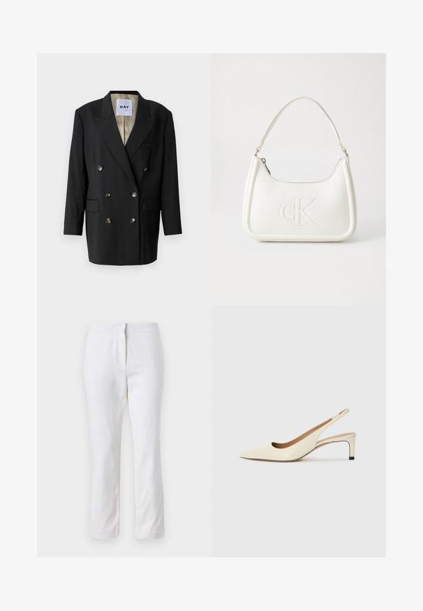 Black double-breasted blazer with a notched lapel, long sleeves, and two front pockets. Features gold-tone buttons and a beige interior lining.; White cropped T-shirt, short wide sleeves, soft cotton material, round neckline with subtle orange trim, minimal design, no patterns or graphics.; White cotton pants with a straight leg design, featuring a mid-rise waist and no visible hardware or patterns. Smooth texture throughout.; Pointed-toe slingback shoe in off-white leather, featuring a low heel and cut-out design with a smooth texture and minimal accents.; White leather handbag with a curved shape, featuring an embossed "CK" logo on the front and a single shoulder strap. Zipper closure at top.