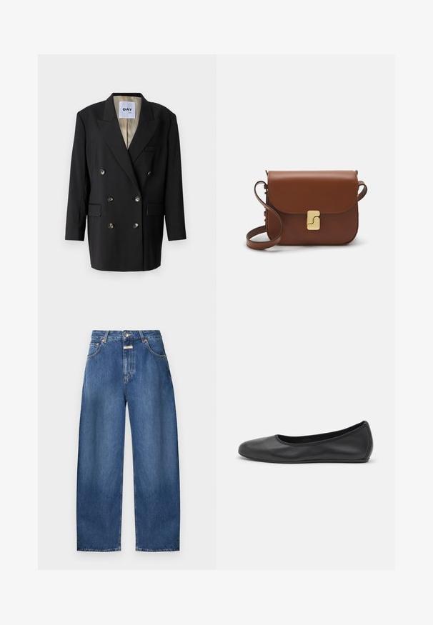 Must muströödiga must bleiser, millel on kaks eesmist taskut, metallnupud, servadega kraed ja kontrastne beež vooder.; Valge lühikeste varrukatega T-särk ribatud kangast. Ümara kaelusega, tavalisest sobivusest ja peente õmbluse detailidega. Ilma mustrite või graafikateta.; CLOSED JAZZIE - Wide leg - mid blue denim; Musthave mustika tantsutossud mustast nahast, ümmarguse varbaga, siledast tekstuurist, minimaalse õmblusdetailiga ja paindliku tallakujundusega.; Pruunist nahast käekott, millel on klapiga sulgur, kuldne riistvara, õlarihm ja sile tekstuur. Kompaktne ristkülikukujuline vorm.