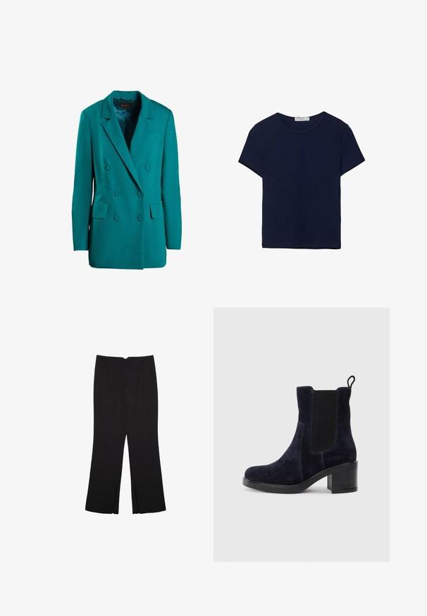 Tyrkysový dvojradový blejzer vyrobený z hladkej tkaniny. Obsahuje klopové golieriky, dve predné vrecká a okrúhle gombíky.; Tmavomodré bavlnené tričko s krátkym rukávom a okrúhlym výstrihom, s hladkým povrchom a rovnými okrajmi bez vzorov alebo akcentov.; Čierne nohavice so strihom rovného strihu, s prednými vreckami a bočnými rozparkami na leme. Vyrobené z mäkkej, hladkej tkaniny. Vhodné na rôzne príležitosti.; Námornícky modré zamatové členkové botas s elastickým bočným panelom, okrúhlou špičkou a blokovým opätkom. Textúrovaná látka a hladká podrážka vytvárajú kontrast.