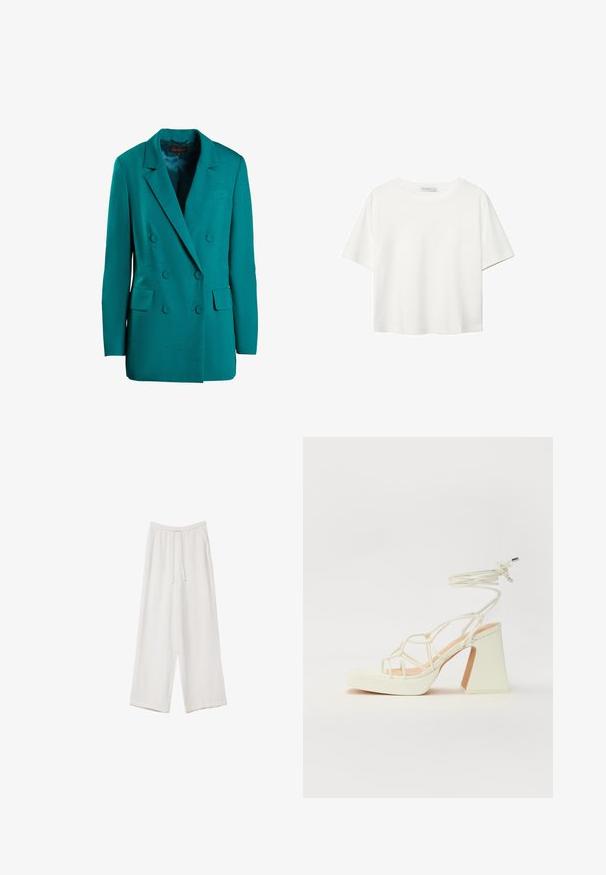 Teal dvostruko kopčani sako od glatkog materijala. Ima reveri s izrezom, dve prednje džepove i okrugle dugmadi.; Bijela majica kratkih rukava od pamuka. Ima okrugli izrez i opušteni kroj. Glatka tekstura bez vidljivih uzoraka ili naglasaka.; Bijele hlače širokih nogavica napravljene od lagane tkanine. Imaju elastičan pojas s ušicom i bočne džepove. Glatka tekstura.; Bijela sandala na visokoj potpetici s debelim petom, s remenom i vezanjem oko gležnja. Glatka tekstura s platformom sprijeda za dodatnu visinu.