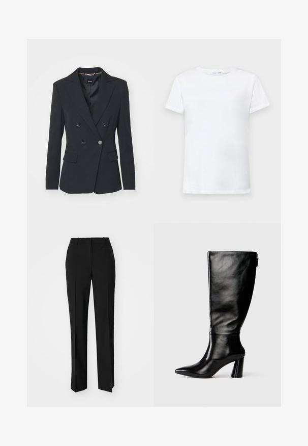 BOSS JABILIE - Suknjič - black; Bela kratka majica s kratkimi rokavi iz bombaža z obliko okroglega izreza. Gladka struktura in raven kroj, brez vzorcev ali dodatkov.; Črne krojene hlače s direktnim krojem, ki se ponašajo z gladko teksturo in ostrimi pregibi spredaj. Ni vidne kovine.; Črne usnjene škornje do kolen s koničastim nosom, gladko teksturo in debelim peto. Imajo zadrgo na hrbtni strani.