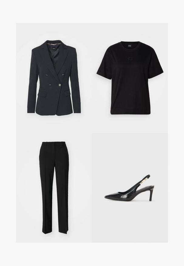 BOSS JABILIE - Bleiseri - black; Musta puuvillapaita, jossa on pyöreä kaula-aukko, lyhyet hihat ja brodeerattu logo rinnassa. Yksinkertainen, rento istuvuus ilman kuvioita.; Mustat räätälöidyt housut suoraa lahjetta, joissa on sileä pinta ja terävät taitteet edessä. Ei näkyvää metalliosaa.; Mustat nahkaiset korkokengät, joissa on avattu kantapää, kapea kärki, sileä pinta ja kapea nilkkaremmi, jossa on kultaiset metalliosat.