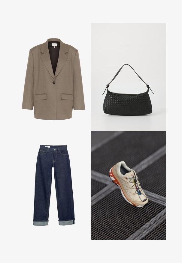 Blazer marrone con design strutturato, caratterizzato da una chiusura a un bottone, due tasche frontali e rever a collo. Tessuto liscio e texture. ; Top asimmetrico nero realizzato in tessuto liscio, con un design arricciato e un elemento in metallo color oro su un lato.; Jeans in denim blu scuro con design a gamba larga, presentano un orlo ripiegato e un classico stile a cinque tasche. Rifiniti con dettagli di cucitura dorati.; Scarpa da corsa beige con accenti arancioni, progettata con una parte superiore testurizzata, suola nera e lacci integrati. Presenta il marchio GORE-TEX.; Borsa a spalla nera intrecciata con tracolla in pelle liscia e chiusura con zip. Presenta una superficie texturizzata e una forma curvata.
