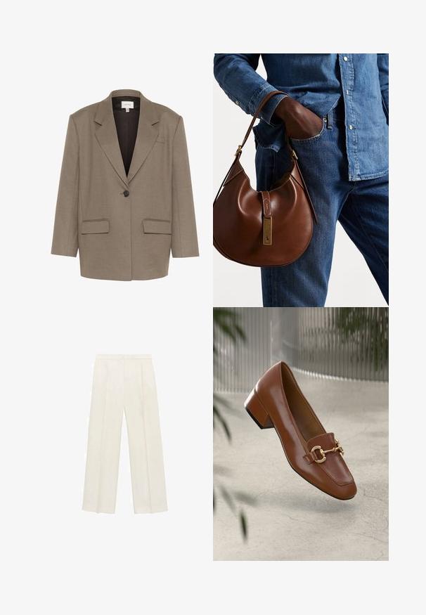Hnedý blazer so štruktúrovaným dizajnom, s jedným gombíkom, dvoma prednými vreckami a klopami s rázsochou. Hladká, štruktúrovaná tkanina.; Biely krátky rukáv ribbovaného trička s okrúhlym výstrihom. Mäkka textúra a voľný strih, s jednoduchým dizajnom bez dodatočných vzorov.; Široké nohavice vo svetlej krémovej farbe. Vyrobené z hladkej látky s skladmi vpredu a bočnými vreckami.; Hnedé lakované kožené loafers s hranatou špičkou, kovovým reťazovým akcentom a nízkym blokovým podpätkom; hladká textúra, minimalistický dizajn.; Hnedá kožená hobo taška s okrúhlym tvarom, so zlatými kovovými akcentmi a kontrastným prešívaním. V kombinácii s džínsovou košeľou a džínsami.