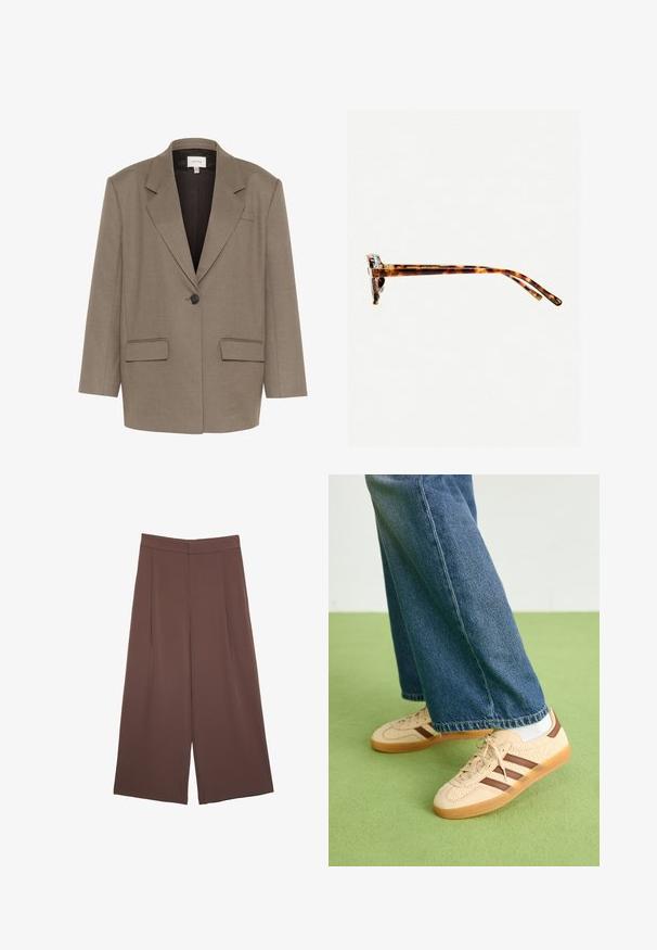 Rjav blejzer v strukturirani zasnovi, z enojnim gumbom za zapiranje, dvema sprednjima žepoma in zareznimi reverji. Gladek, teksturiran material.; Rjava bombažna majica s kratkimi rokavi in globokim V-izrezom. Preprost dizajn, mehak material in raven rob. Brez vzorcev ali dekorativnih elementov.; Rjave široke hlače z gladko teksturo, ki imajo visok pas in sprednje naborke. Tkanina je lahka in prosto pada.; Bež teniske z teksturiranimi kremnimi paneli in rjavimi črtami, v kombinaciji z modrimi kavbojkami. Kavbojke imajo široke hlačnice in raztrgan rob.; Sončna očala iz želvosliva z debelimi okvirji, rahlo ukrivljenimi nogicami in gladko teksturo. Imajo klasičen dizajn z sijočim finišom.