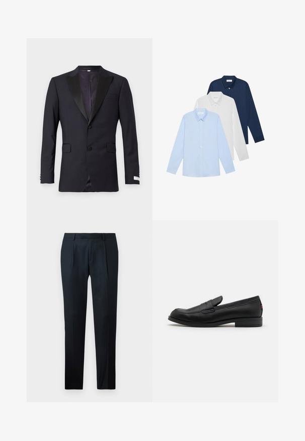 Granatowa marynarka smokingowa z czarnymi satynowymi klapami, jednorzędowa, z dwoma przednimi kieszeniami i wyciętym kołnierzem; gładka tekstura, dopasowany krój.; Trzy koszule z długim rękawem: jasnoniebieska, biała i granatowa. Wszystkie mają klasyczny kołnierzyk i zapięcie na guziki, wykonane z gładkiego materiału.; Czarne spodnie o dopasowanym kroju, wykonane z gładkiego materiału, z wąskim fasonem, dwoma fałdami z przodu i płaskim pasem bez widocznych elementów hardware.; Czarne skórzane loafersy o gładkim wykończeniu, zaokrąglonym czubku i małym dekoracyjnym klapku. Posiadają niską, warstwową podeszwę oraz subtelny detal z brandingiem.