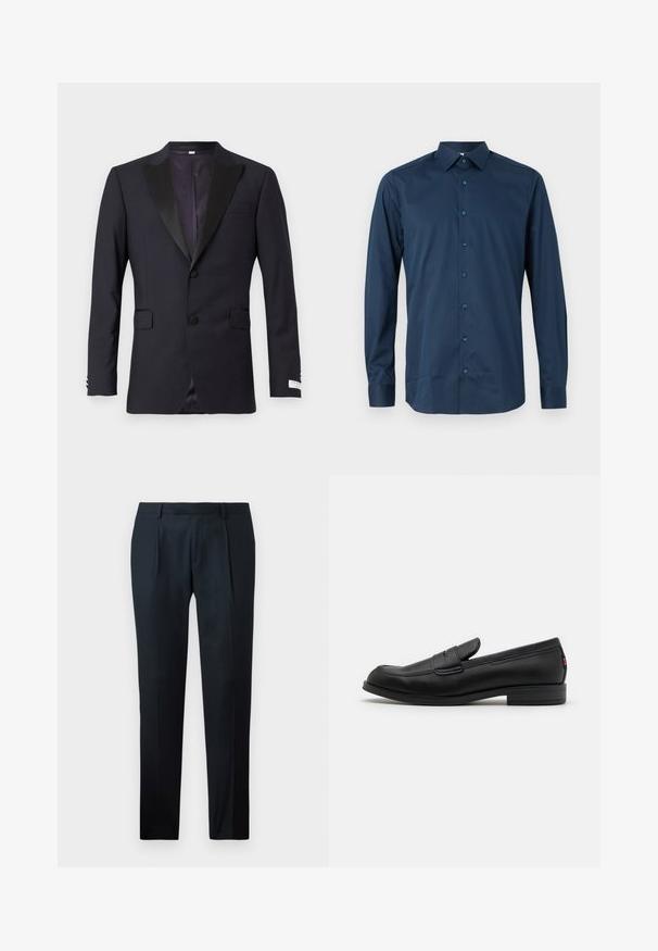 Navy tuxedo jacket with black satin lapels, single-breasted design, two front pockets, and notched collar; smooth texture, tailored fit.; Navy blue long-sleeve button-up shirt made of smooth fabric. Features a standard collar, front placket with matching buttons, and cuffed sleeves.; Black tailored pants made of smooth fabric, featuring a slim fit design, two front pleats, and a flat waistband without visible hardware.; Black leather loafers with a smooth finish, rounded toe, and a small decorative flap. Features a low stacked heel and subtle branding detail.