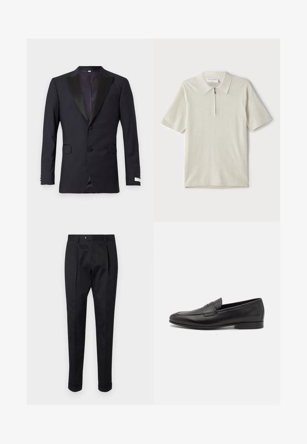 Chaqueta de esmoquin azul marino con solapas de satén negro, diseño de un solo botón, dos bolsillos frontales y cuello con muescas; textura suave, ajuste entallado.; Polo de manga corta en un beige claro con cuello con cremallera. Fabricado en un tejido suave, presenta un diseño sencillo y moderno sin patrones.; Pantalones negros de tejido suave, con un pliegue en la parte delantera, cierre de botón y puños enrollados en el tobillo.; Mocasín negro de cuero para hombres con un tacón bajo y un diseño clásico de cinta para monedas, mostrado en perfil lateral sobre un fondo blanco.