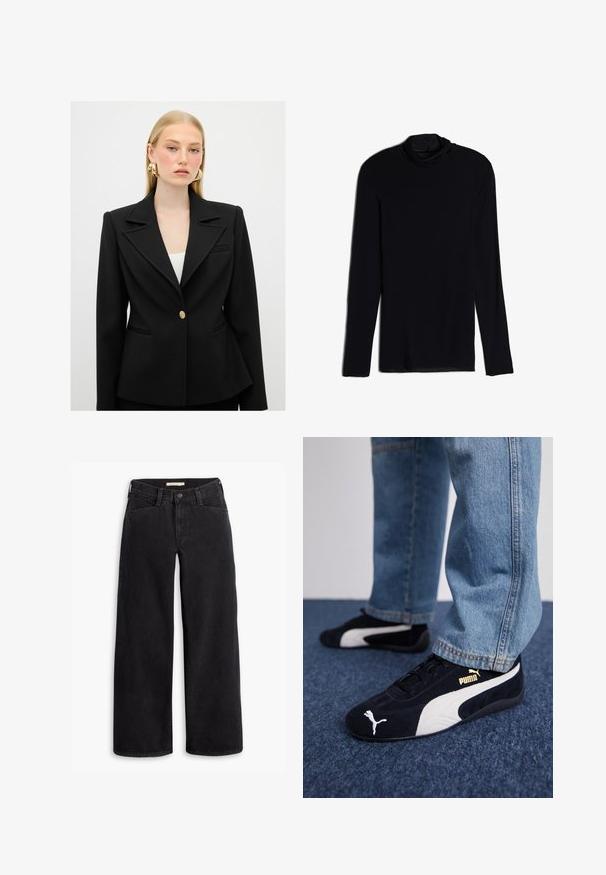 Černý přizpůsobený blejzr s ostrým límcem, zapínání na jeden zlatý knoflík a strukturovaná silueta. Disponuje předními kapsami a texturovanou látkou.; Černý dlouhý rukáv top se stojáčkem, vyrobený z jemné, hladké tkaniny; přiléhavý design se rovnými lemy a bez viditelných švů.; Černé široké džíny z denimové látky. Mají vysoký pas, přední kapsy a zip se zapínáním na knoflík. Hladká textura.; Černé semišové tenisky s bílými akcenty a zlatým logem. Nosené s světle modrými jeany a položené na strukturovaném modrém povrchu.