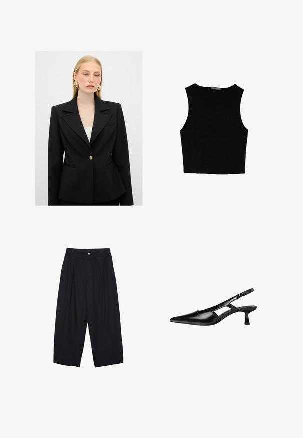 Musta sovitettu bleiseri terävän kauluksen kanssa, yksittäinen kultainen napitus ja jämäkkä siluetti. Ominaisuuksia ovat etutaskut ja teksturoitu kangas.; Musta hihaton crop-top, joka on valmistettu sileästä kankaasta, jossa on pyöreä kaula-aukko ja siisti, yksinkertainen muotoilu ilman kuvioita tai varusteita.; Musta polyesterinen culotte-housut, jossa on joustava vyötärö, kaksi etupleettiä ja löysä siluetti. Ei näkyviä kuvioita tai metallisia yksityiskohtia.; Mustat lakatut nahkakengät, joissa on viistopää, leikattu sivusuunnassa ja pieni neliökoroke. Sujuva pinta, jossa on minimaalinen koristelu.