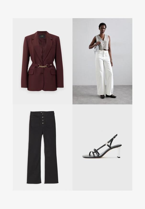 Burgundski blejzer s prilagođenim dizajnom, dva prednja džepa, jedan dugmić za zatvaranje i akcent zlatnog lanca kao remena. Pogodan za formalne prigode.; Crna košulja s dugim rukavima, s ovratnikom, izrađena od teksturiranog materijala s raspršenim metalnim ukrasima. Jedan džep na prsima s lijeve strane.; Crne traperice s flared krojem, visokim strukom, dizajnom s pet džepova i prednjim zatvaranjem na gumb sa četiri metalna gumba.; Crne sandale na visokoj potpetici s više uskih trakica, dizajnom s remenom oko pete i srebrnim detaljem na potpetici. Glatki gornji materijal i kvadratna potpetica.; Sivi skraćeni prsluk s gumbima, uparen s bijelim širokim trapericama i crnim ravnim cipelama. Dodano male srebrne frizure.