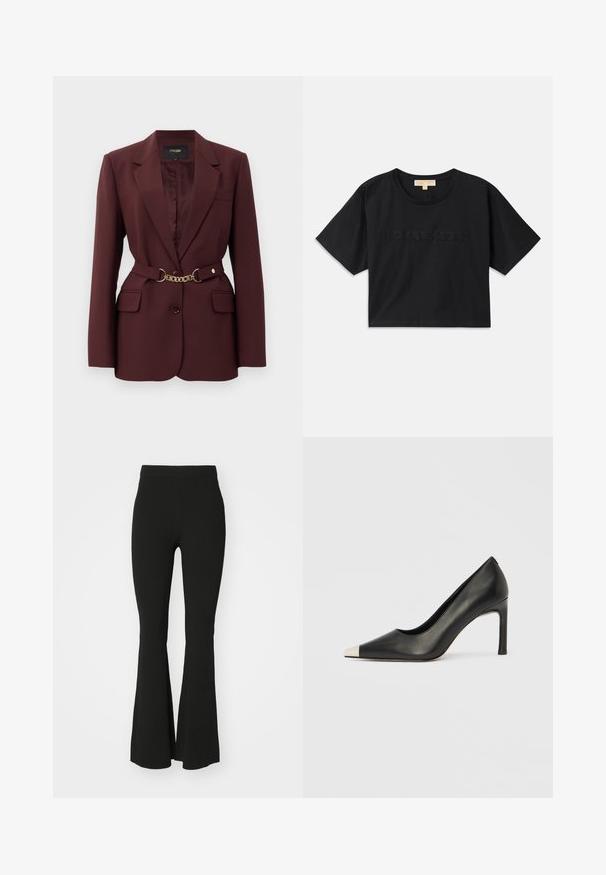 Blazer bordeaux con un design aderente, due tasche frontali, chiusura con un bottone singolo e un accentuato cintura in catena dorata. Adatto per contesti formali.; T-shirt nera cropped in cotone. Presenta un colletto rotondo e maniche corte. "MICHAEL KORS" ricamato color coordinato sulla parte anteriore.; Pantaloni neri a campana realizzati in tessuto elasticizzato, con vita alta e una superficie liscia e senza decorazioni. Design semplice e aderente.; Scarpa con tacco alto in pelle nera con punta affilata e cappuccio metallico argento. Presenta una finitura liscia e un tacco sottile di 10 cm.