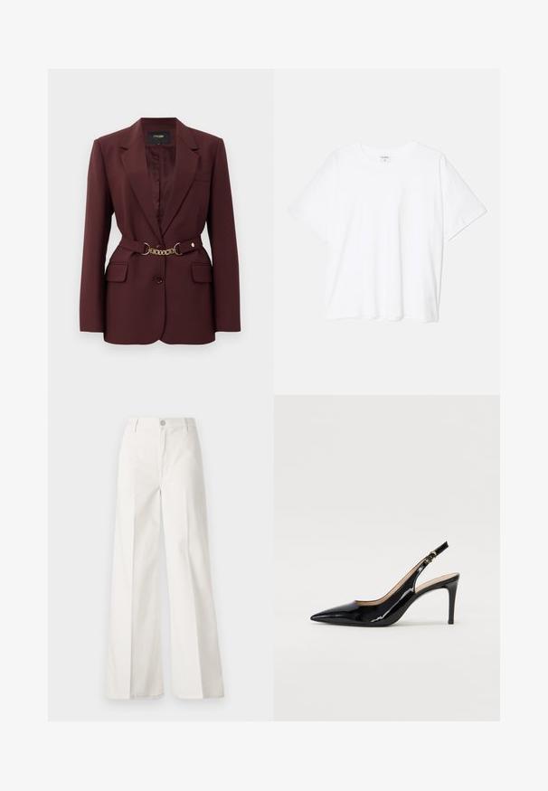 Burgundyröd blazer med en figursydd design, två framfickor, en enkel knappstängning och en guld kedjebälteaccent. Passande för formella sammanhang.; Vit bomull t-shirt med kort ärm, rund halsringning, avslappnad passform och söm i nederkant. Etikett synlig på insidan av halsen.; Vita vida-byxor gjorda av bomull med en slät textur. Har en framknapp, gylf med dragkedja och fyra fickor.; Svart patenterat läder slingback pumps med spetsig tå, smal klack och en subtil utskärning. Har en guldbuckle på remmen.