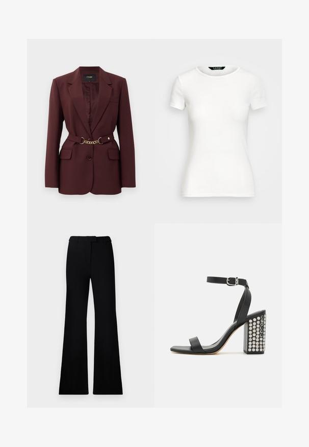 Burgundia bleiser sobitava disainiga, kahe esiseguga taskuga, ühe nööpiga kinnituse ja kuldse kettvöödiga aktsendiga. Sobib ametlikeks olukordadeks.; Valge puuvillane T-särk lühikeste varrukatega, ümar kaelus, sobiv disain ja sile tekstuur. Logo silt kaeluses.; Mustad flared püksid, millel on sile tekstuur, kohandatud vöökoht ja ees olevad taskud, kujundatud laisa, modernse siluetiga.; Mustad nahast kõrged sandaalid pahkluu rihmaga. Omavad ruudukujulist varbaosa, siledat tekstuuri ja ruudukujulist plokknõela, mis on kaunistatud hõbedaste nööpidega.