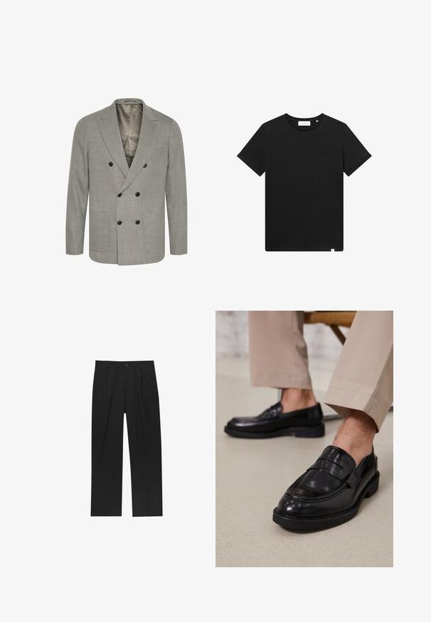 Blazer doppiopetto a scacchi grigi e neri con rever, dotato di due file di bottoni neri e una fodera interna liscia.; T-shirt nera a maniche corte in cotone, con scollatura rotonda e un piccolo logo ricamato sul petto. Tessuto liscio, vestibilità standard.; Pantaloni neri con un design a gamba dritta, realizzati in un tessuto liscio. Presentano pieghe frontali e una chiusura a un bottone in vita.; Mocassini in pelle nera con finitura liscia, dotati di una cintura decorativa e cuciture a contrasto, abbinati a pantaloni beige.