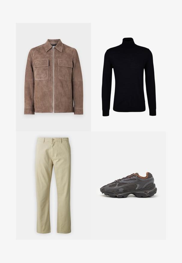 Hnědá nubuková bunda se zapínáním na zip, špičatým límcem a dvěma náprsními kapsami. Hladká textura a minimalistický design.; Černý rolák z hladkého pleteného materiálu. Má dlouhé rukávy, přiléhavý límec a žebrované manžety a lem pro těsný střih.; Béžové bavlněné kalhoty s rovnými nohavicemi, předním zapínáním na knoflík a poutky na opasek. Hladká textura, žádné viditelné vzory či akcenty.; Sněrovací boty Lacoste v tmavě šedé barvě s síťovinou a syntetickým materiálem, prezentující texturovanou podrážku a hnědé detaily na límci a logu.